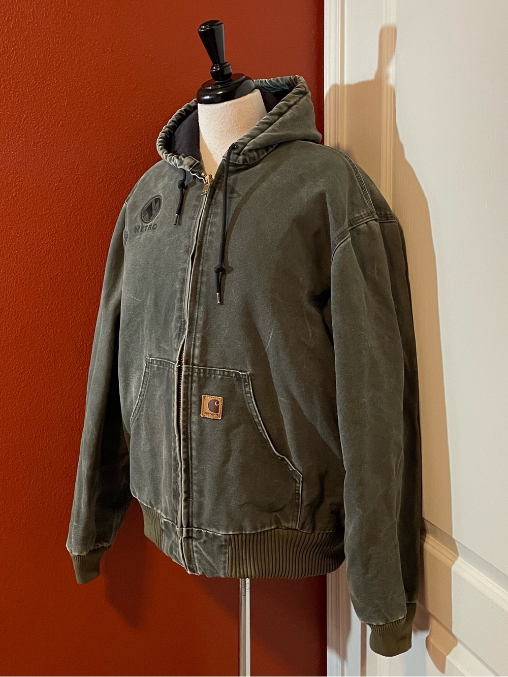 Carhartt Men’s Vintage Green Quilted Lined Hooded Zip Up Trashed Workwear Jacket